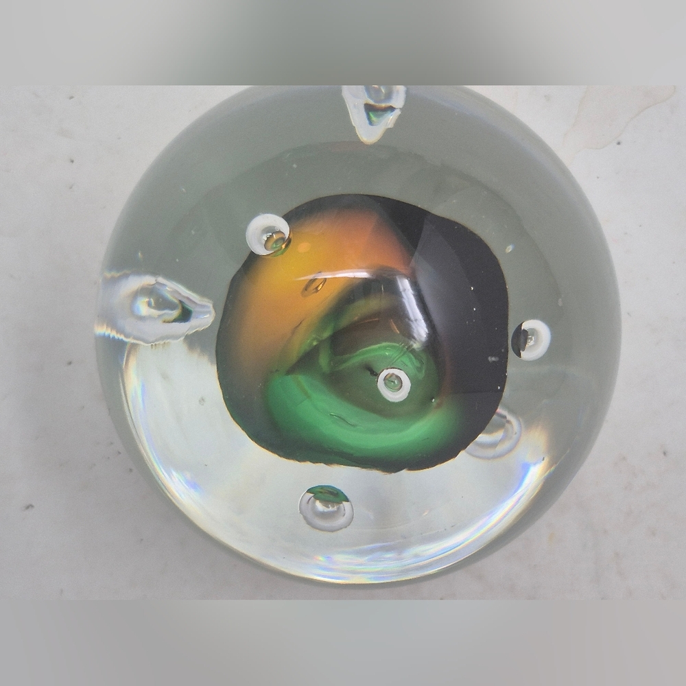 Clear Glass Paperweight With Green And Orange Irridecent Center - Picture 5 of 7